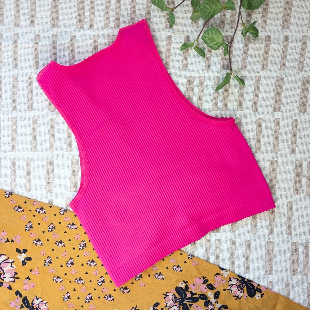 aerie | Ribbed Plunge Ruched Top | Hot Pink - Picture 2 of 5